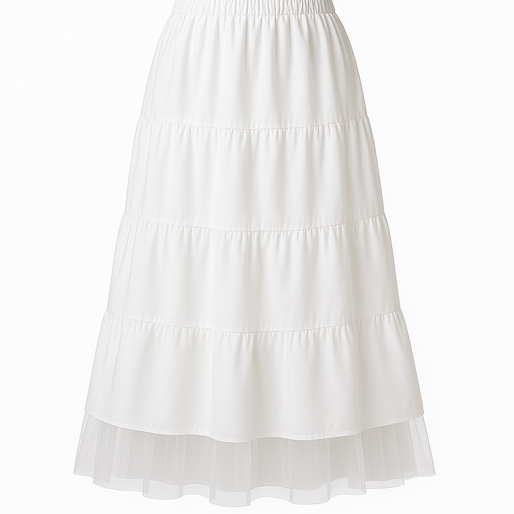 White Tiered Midi Skirt with Sheer Tulle Hem – One Size – 30”